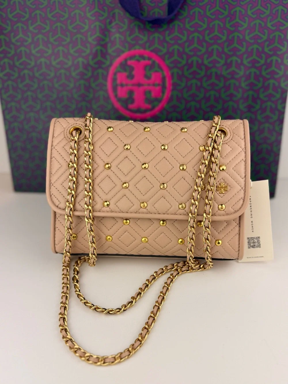 $528 Tory Burch Fleming Stud Small Shoulder Bag Goan Sand Beige Leather 46362